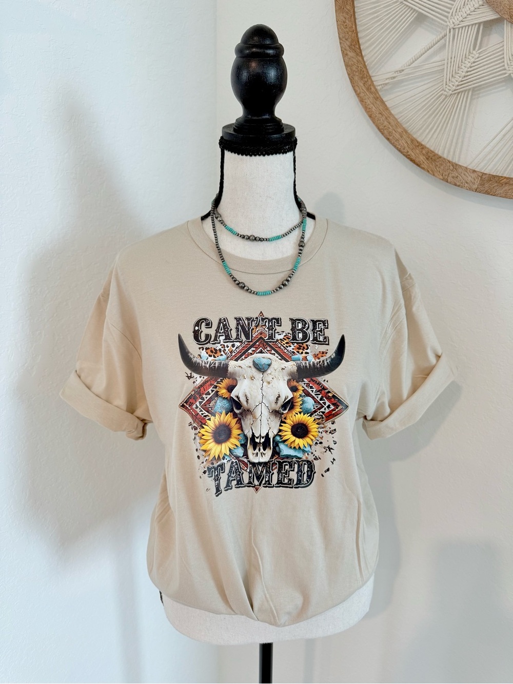 Gildan Beige "Can't Be Tamed" Skull & Sunflower Graphic Tee